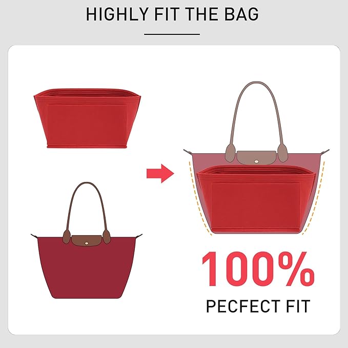 Premium Felt Purse Organizer Insert Compatible with Longchamp Le Pliage Large, Zipper Lightweight Long Champ Bag Organizer Insert with Cup Holder, 8 Compartments (Red,L)