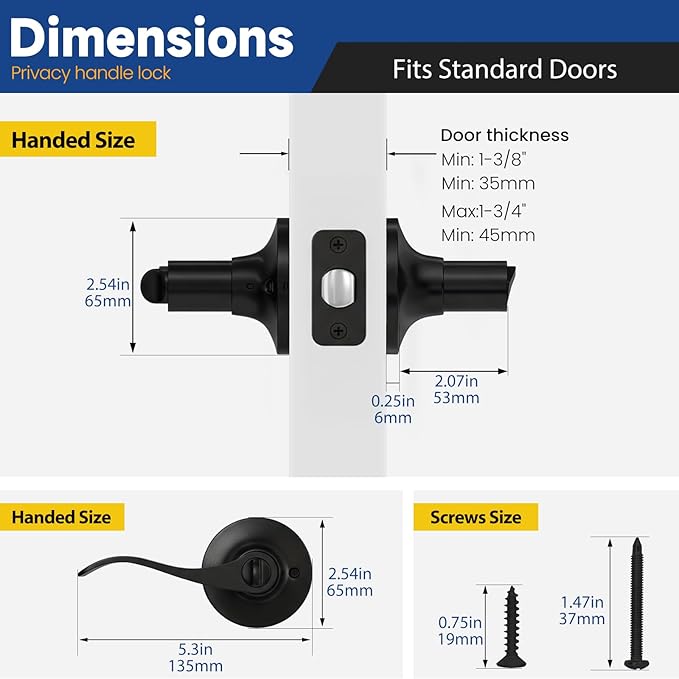 3 Pack Privacy Door Handle with Lock Keyless Door Lever for Bathroom and Bedroom Matte Black Wave Style Interior Door Handles