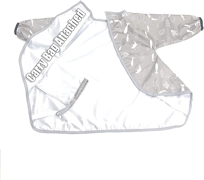 Long Sleeve Baby Bib, Attaches to Highchair, Waterproof & Portable (Gray Seaworld)