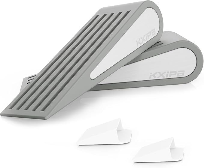 2 Pack Rubber Door Stopper Wedge - Grey Non-Slip Soft TPR High-Elastic & Zinc Alloy Metal Material Door Stops for Bottom of Heavy Duty Door Wall Protector for Home & School with Self Adhesive Holder