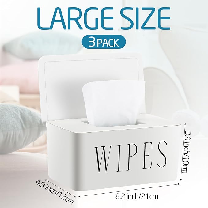 Singhoow 3 Pack Baby Wipes Dispenser Holder Wipe Container for Bathroom with Lid Toilet Tissue Paper Storage Refillable Box for Home Office Cars(Large,White)