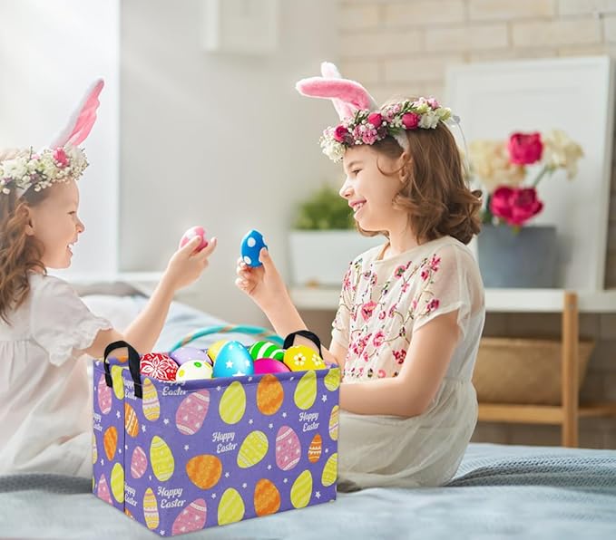 TIBAOLOVER Rectangular Easter Basket Purple Easter Egg Gift Basket Baby Storage Basket Cute Kids Toy Storage Bin Organizer Shelf Book Basket Easter Room Decor(Easter Baskets)