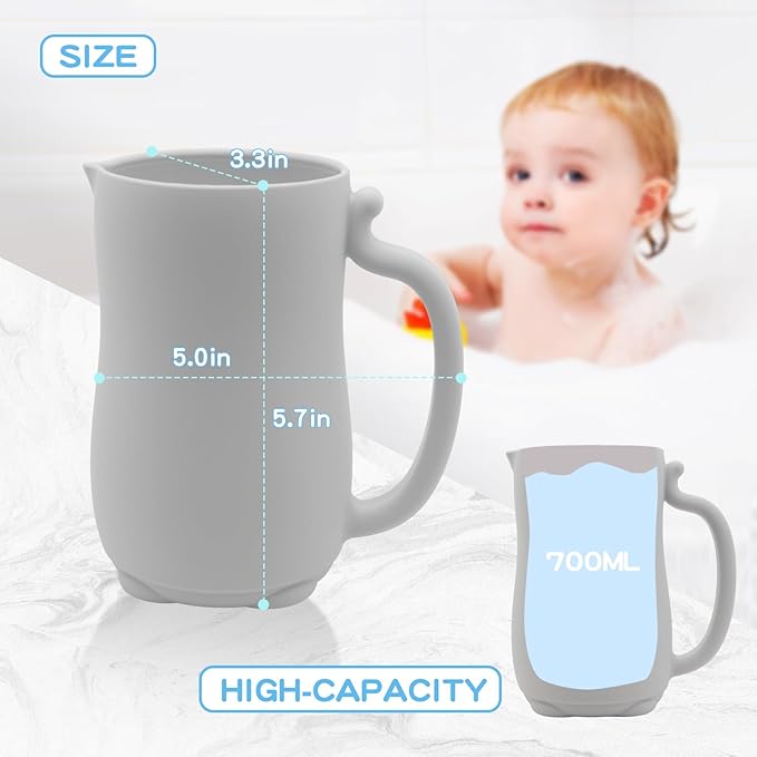 PandaEar Baby Bath Rinse Cup, Silicone Baby Shampoo Rinser with 2 Pack Cradle Cap Brush for Kids Toddler Body Washing (Grey)