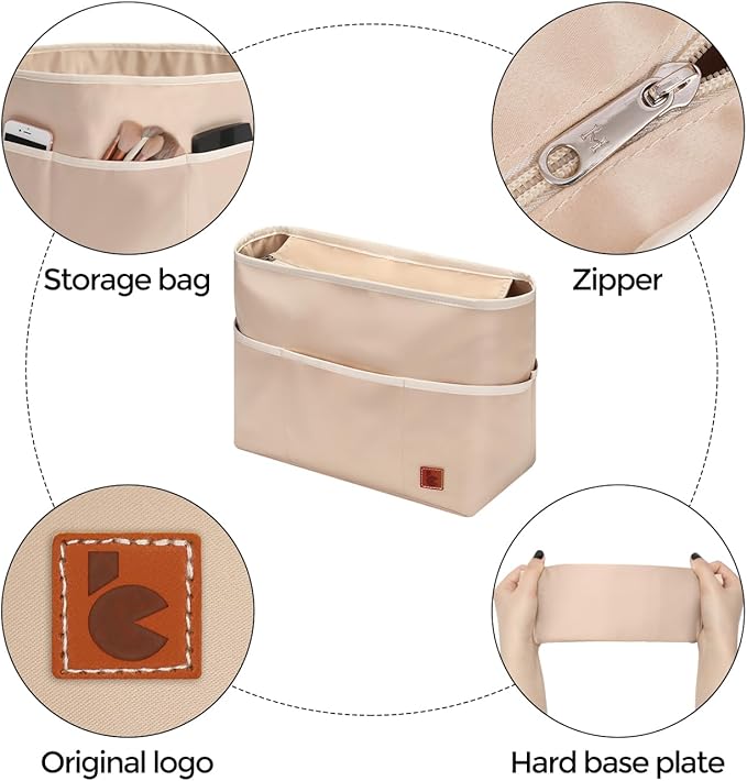 SDANG Purse Organizer Insert with Zipper – Pink Handbag & Tote Bag Organizer | Bag-in-Bag Insert with Pockets for Purses, Totes & Travel(Beige,Medium 28)