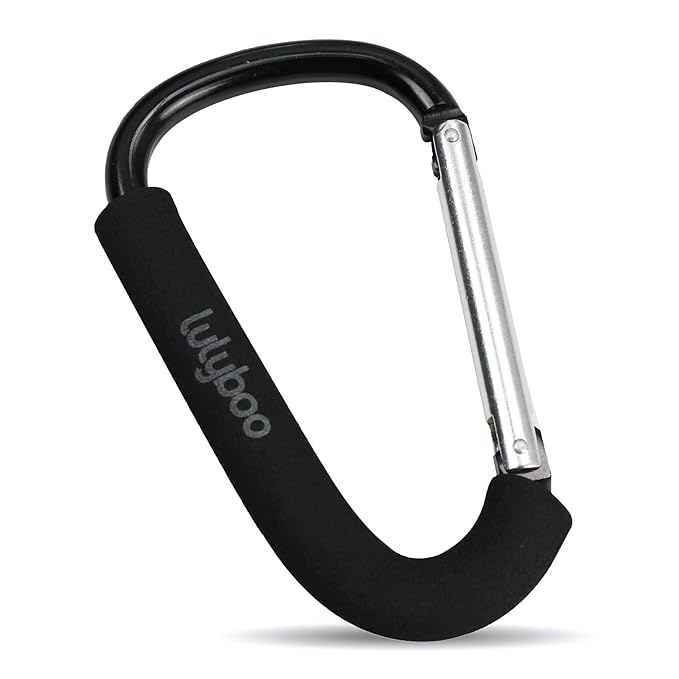 Lulyboo Multi-Use Metal Organizer Hook - Heavy-Duty Stroller, Diaper Bag & Purse Carabiner with Spring-Loaded Closure, EVA Grip, Black - Lightweight, Versatile, Holds Up to 99 lbs