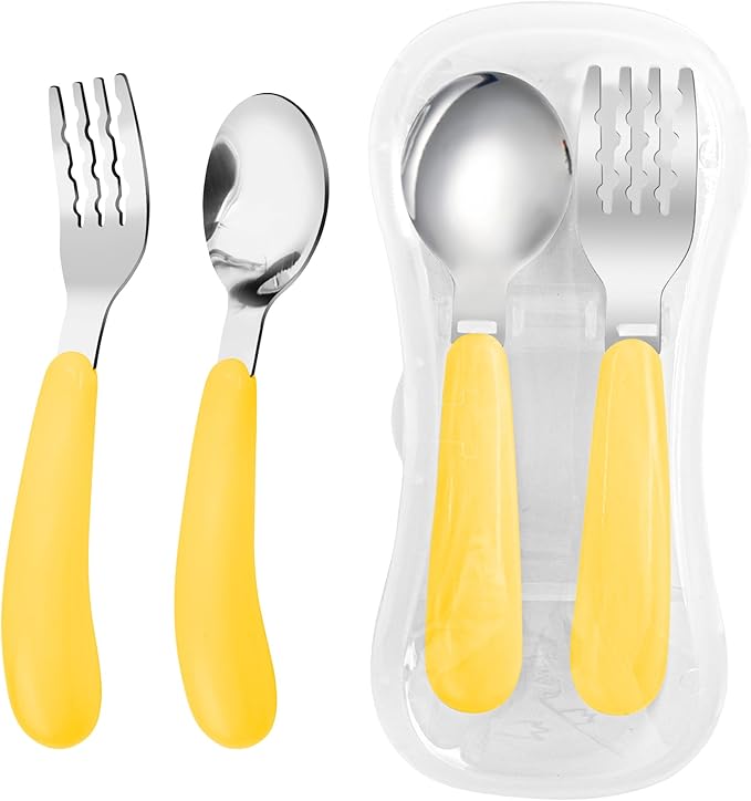 VANRA 2 Pieces Toddler Fork and Spoon Set with Travel Case 18/8 Stainless Steel Toddler Utensils Kids Silverware Children Flatware Child Cutlery Set for School Lunch Box (Yellow)