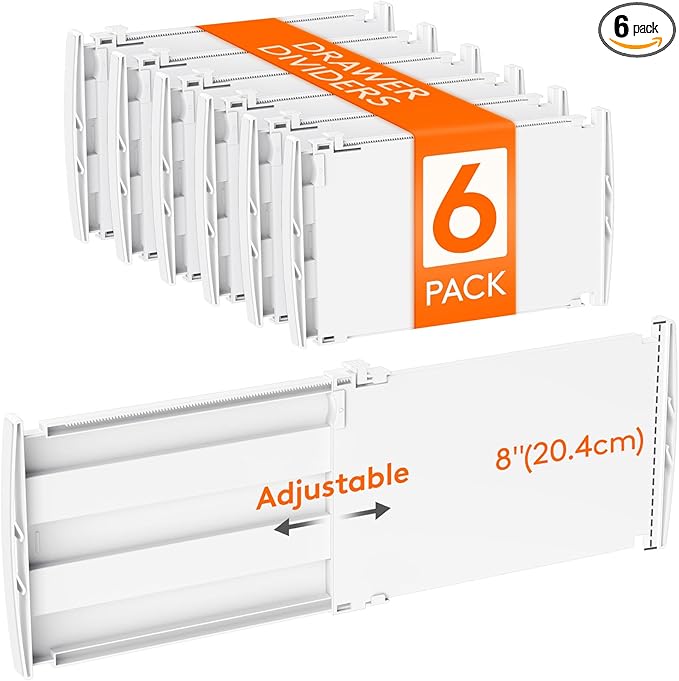 Lifewit 8" High 6 Pack Deep Drawer Dividers, 35 –55cm/13.8-22.5" Adjustable Dresser Drawer Divider, White Drawer Organizer for Clothes, Tall Drawer Separator for Dresser Kitchen Bedroom Cabinet Office
