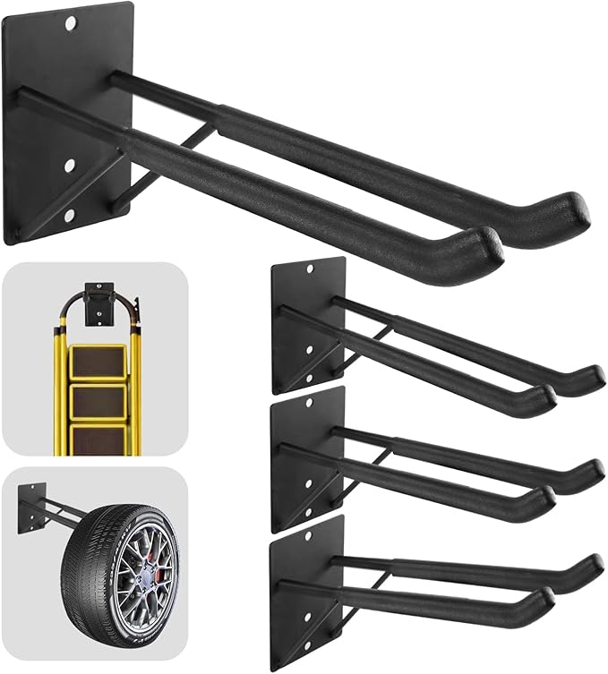 FancyEagle 14" Large Heavy Duty Garage Hooks, 4-Pack Steel Garage Storage Hooks with Support Rods, Utility Wall Mount Hangers for Power Tools, Car Tires, Ladders, Chairs, Garden Tools and More