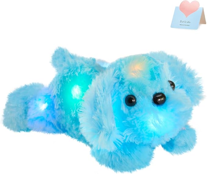 WEWILL 10'' Light up Blue Puppy Dog LED Stuffed Animal with Colorful Night Light Glow Soft Plush Toy Gifts for Kids on Christmas Birthday