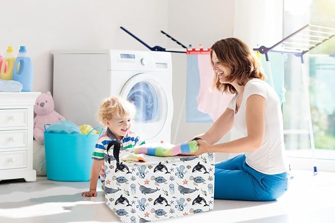 Essme Rectangular Ocean Baskets,Kids Storage Box,Cute Basket for Kids with Handles for Room Decor, Book Bins,Shelf Basket.(Sea)