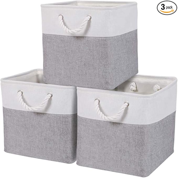 DECOMOMO Cube Storage Bins - 13x13 Storage Cubes for Toys, Shelves, Closet and Cube Organizer (Grey & White, 3 Pack)