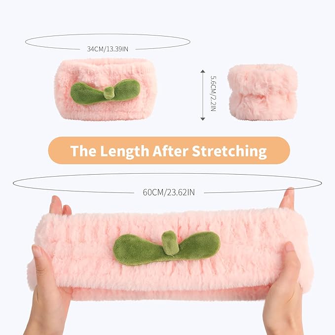 PERFECTSIGHT Spa Headband for Washing Face, Cute Wristband Hair Band Set for Shower Yoga Beauty Skincare Party, Soft Fluffy Makeup Headband, Kawaii Facial Headbands for Woman Girls, Peach