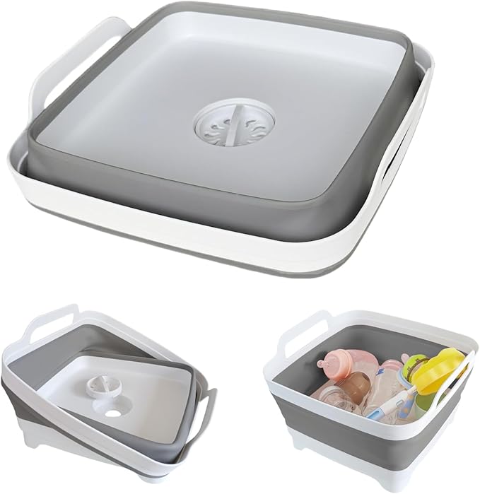 GIMWA Collapsible Wash Basin with Drain Plug - 2.4 Gallon Foldable Kitchen Sink for Baby Bottles, RV Camping, Space-Saving Dish Tub (Gray-Pink)