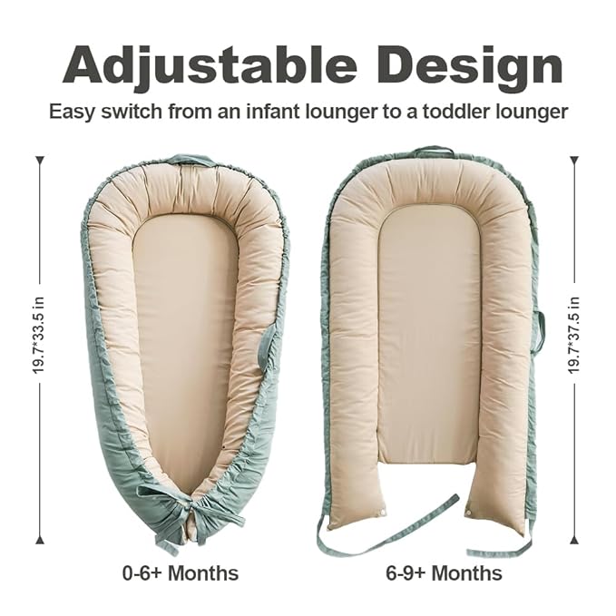 Baby Lounger, Baby Nest Cover for Baby, Reversible & Breathable Cotton, Adjustable Baby Floor Seat for Tummy Time, Portable Infant Lounger, Gift for Newborns (Green)
