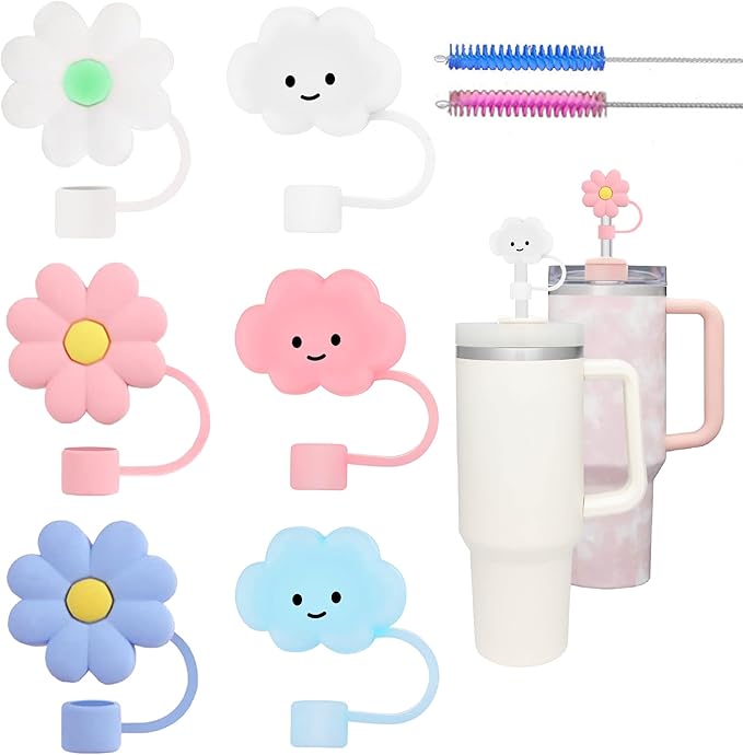 6Pcs Silicone Straw Covers Cap Compatible with Stanley 30&40 Oz Tumblers,0.39in/10mm Cute Cloud & Flower Straw Toppers for Stanley Cup Accessories,Reusable Dust-Proof Drinking Straw Tips Lids
