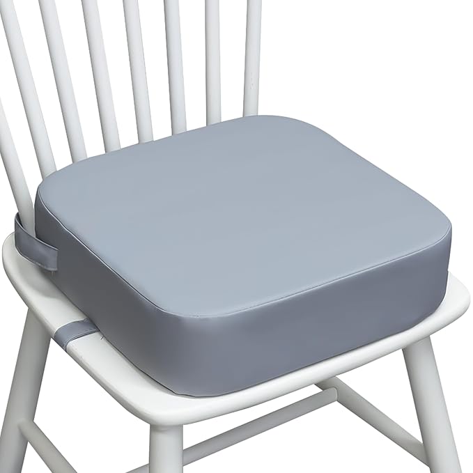 Toddler Booster Seat for Dining Table, Waterproof Kids Booster Seat for Kitchen Chair, High Density Foam Cushion with Non-Slip Bottom, Washable Cover & Adjustable Straps (Grey)