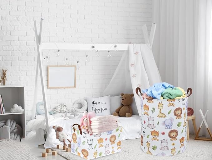 Sanjiaofen Rectangular Kids Storage Bins,Baby Baskets Organizer.Waterproof PE Coating Cute Basket with Handles.Woodland Nursery Decor,Toys Box,Books Basket, (Cute Animal)