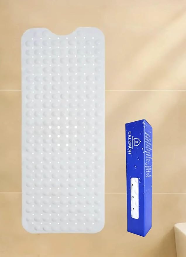 Bath and Shower Safety Mats 27.5x15 inch, Non Slip with Strong Suction Cups for Bathroom Stall and Tub Floor, Machine Washable, Drain Holes Keep Bathtub Clean, Soft on Feet, Pearl White