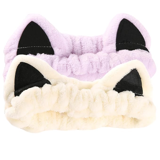 2 Pcs Cat Ears Headband, Cute Spa Headbands for Washing Face Skincare Makeup Headbands for Women Girls Trendy Stuff Present Soft Coral Fleece Hair Accessories(Purple Beige)
