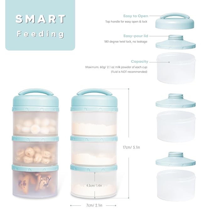 Termichy Stackable Formula Dispenser Portable Milk Powder Container, 2 Pack, Light Blue
