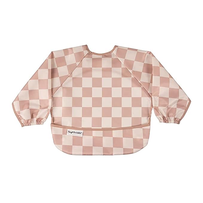 Tiny Twinkle Long Sleeve Bib for Babies & Toddlers | Waterproof Smock Bib for Eating | Machine Washable & Mess-Proof Feeding Essentials | Newborn Shower Gift (Checkers Brown, 2-4Y)