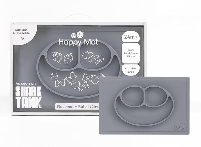 ezpz Happy Mat (Gray) - 24 Months+ - 100% Silicone Suction Placemat + Divided Plate with Three Compartments - Toddler + Preschool Essentials