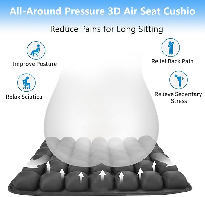 VSDFAW Travel Cushion, Comfortable 3D Air Cell Seat Cushion, Portable and Adjustable Air Inflatable Pressure Relief Seat Cushion for Car,Office Chair,Wheelchair and Tailbone Pain Relief