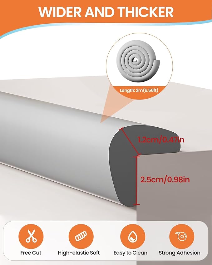 QYV Baby Proof Edge Corner Protector, 6.56FT 0.47''Th L-Shape Furniture Corner & Edge Safety Bumpers with 6 Corners, Pre-Taped, Soft NBR Rubber Foam Desk Edge Cushion Wall Corner Protector（Grey）