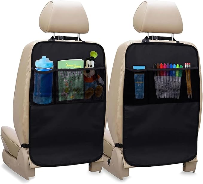 EcoNour 2 Pack Back Seat Protector for Kids Feet | Premium Waterproof Kick Mats with 2 Pocket Organizer | Backseat Cover for Vehicles to Protect from Dirt, Mud & Scratches | Travel Accessories