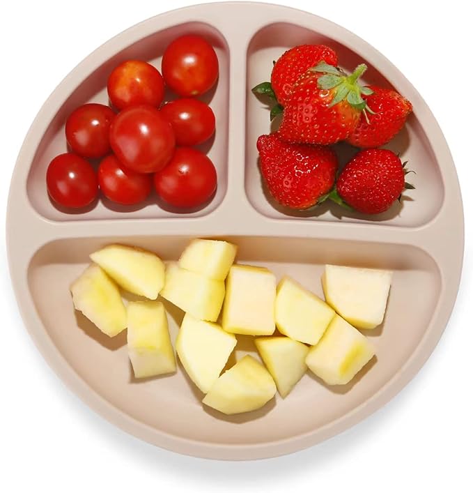 PandaEar 3 Pack Toddler Plates, Silicone Divided Suction Plate for Babies, BPA-Free 100% Food-Grade Silicone Unbreakable Baby Plate (Brown/Blue/Green)