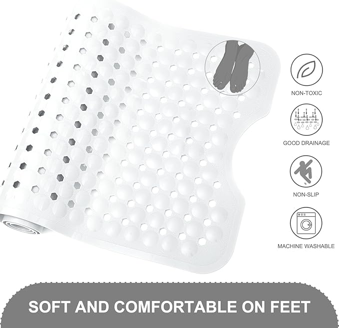 TEESHLY Bath Tub and Shower Mats, Non Slip 40 x 16 Inch Extra Large Bathtub Mat, Machine Washable Bathmat with Drain Holes, Suction Cups for Bathroom Floor, White