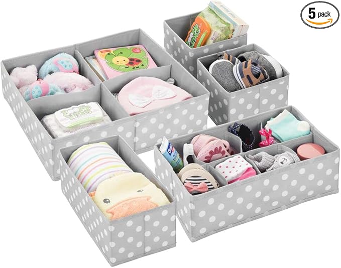 mDesign Soft Fabric Dresser Drawer/Closet Divided Storage Organizer Bins for Nursery - Holds Blankets, Bibs, Socks, Lotion, Clothes, Shoes, Toys - Set of 5 - Gray/White Polka Dot