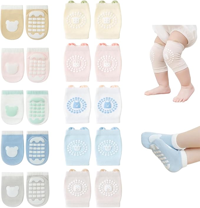 Baby Crawling Knee Pads and Socks with Anti-Slip Grips 10 Pairs Unisex Baby Toddler Nonslip Kneepads & Ankle Socks