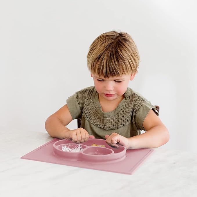 ezpz Happy Mat (Blush) - 24 Months+ - 100% Silicone Suction Placemat + Divided Plate with Three Compartments - Toddler + Preschool Essentials