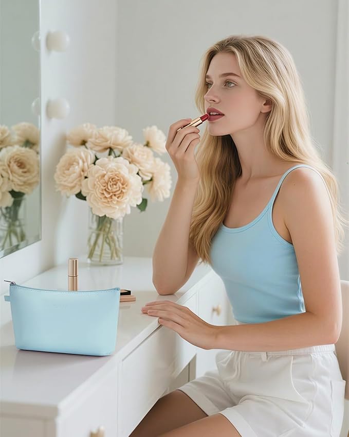 WANDF Cosmetic Bag for Women Makeup bag Organizer Mini Makeup Pouch for Purse Water Resistant Girls Gift(Light Blue)