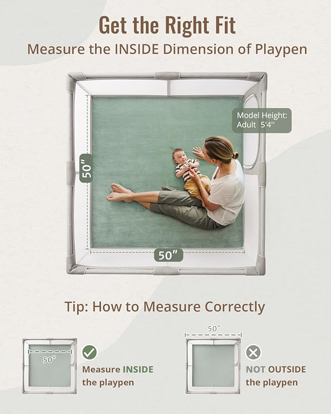 Blissful Diary 1.3" Thick Baby Play Mat, 50x50 Playpen Mat with Removable & Washable Cover, Ultra Soft Crawling Rug for Floor, Foam Cushion & Non-Slip Backing for Kid, Toddler and Infant, Sage Green