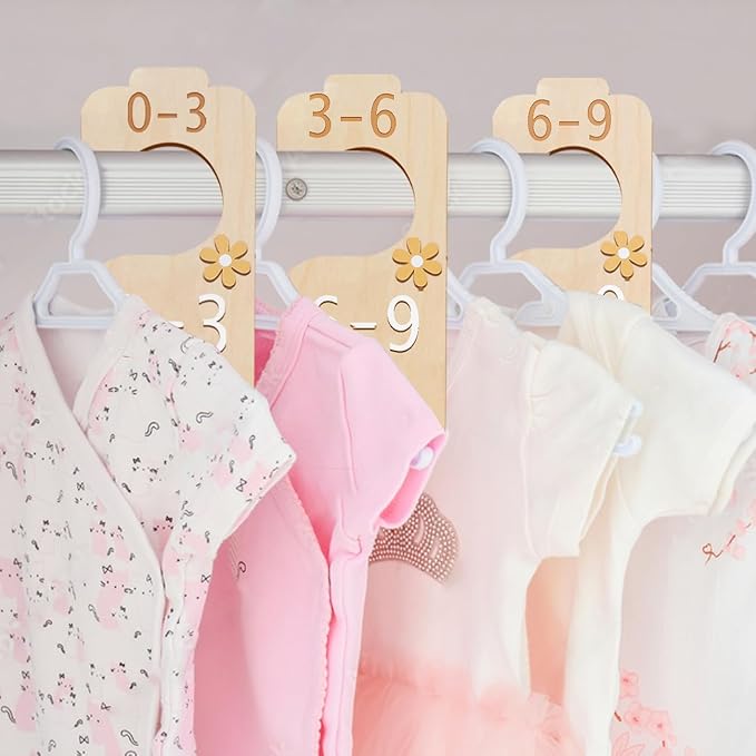 eoscasely Baby Closet Divider - 3D Double-Sided Wooden Baby Wardrobe Baby Closet Organizer,Daisy design Nursery Decor Clothes Hanger Dividers for Sorting 8 Sizes from Newborn to 24+ Months