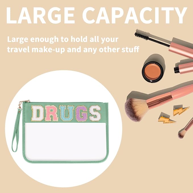 Iqimott Chenille Letter Clear Bag Drugs Pouch, Monogram PVC & PU Makeup Cosmetic Bag Zipper Toiletry Pouch, Waterproof Portable Purse Travel Beach Snack Wristlet Bags for Women Girls(Drugs,Green)