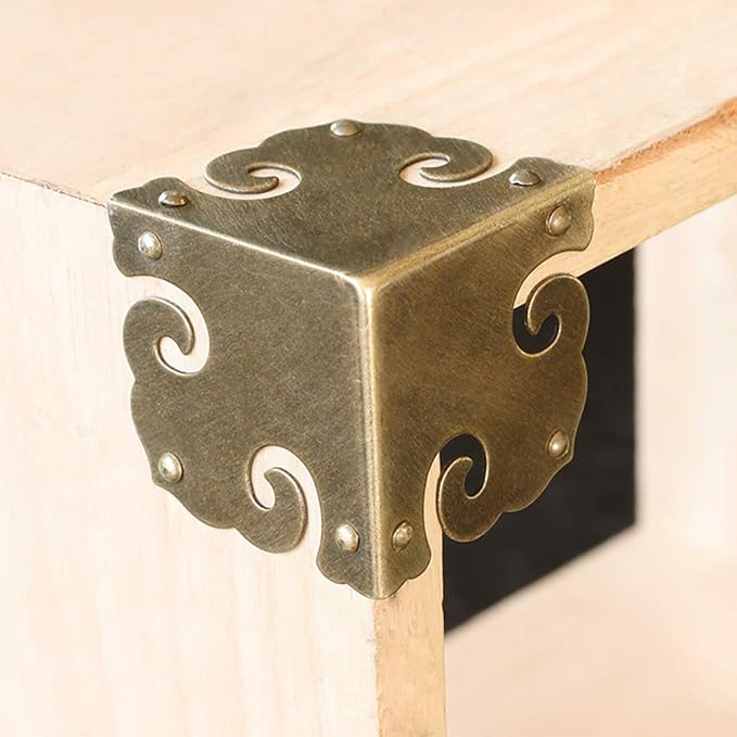 4Pcs Vintage Pure Brass Corner Protectors Antique Hardware Desk Edge Wooden Jewelry Gift Box Cabinet Three Sides Full Encase Corner Guard (Antique Bronze)