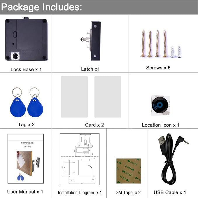 RFID Lock Electronic Cabinet Lock, Hidden DIY Lock with USB Cable for Wooden Cabinet Drawer Locker Cupboard (1 Pack)