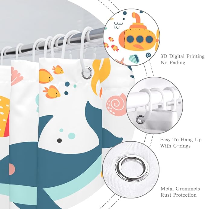 Kids Cartoon Ocean Shower Curtain Cute Fish Sea Turtle Whale Dolphin Funny Underwater Submarine Animal Sea Life Children Home Bathroom Decor Waterproof Fabric 72Lx60W Inch with 12PCS Hooks