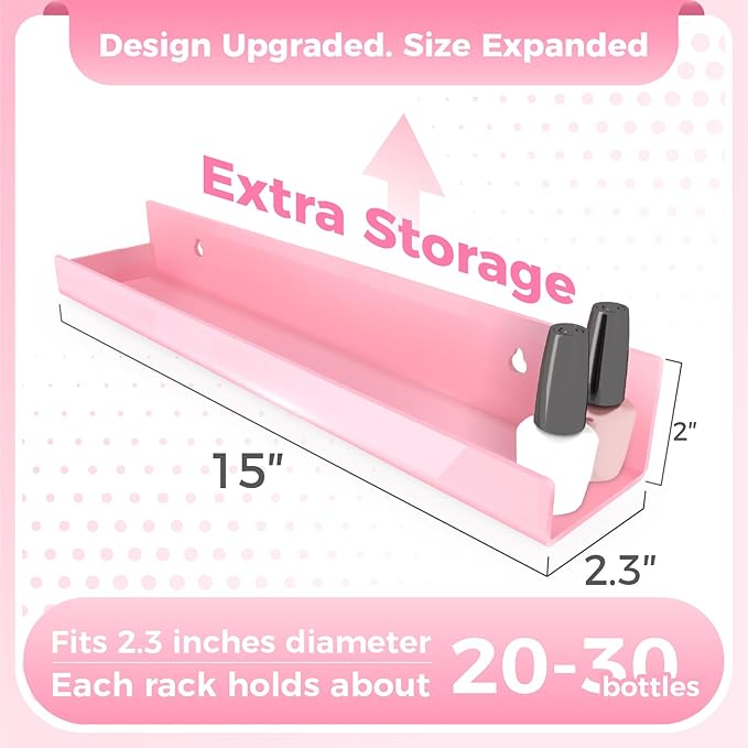 RORKIM 4 Pack 15 Inch Pink Acrylic Shelves, Kids Floating Bookshelf for Kids Room, Modern Nail Polish Rack Sunglasses Essential Oil Picture Ledge Display Toy Storage Wall Shelf