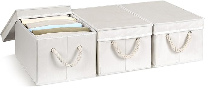 Set of 3 Fabric Bins for Organization - Foldable & Stackable With Lid & Rope Handles - Collapsible Fabric Storage Cubes Lightweight & Sturdy Bottom, Space Saving Collapsible Bin, Ivory