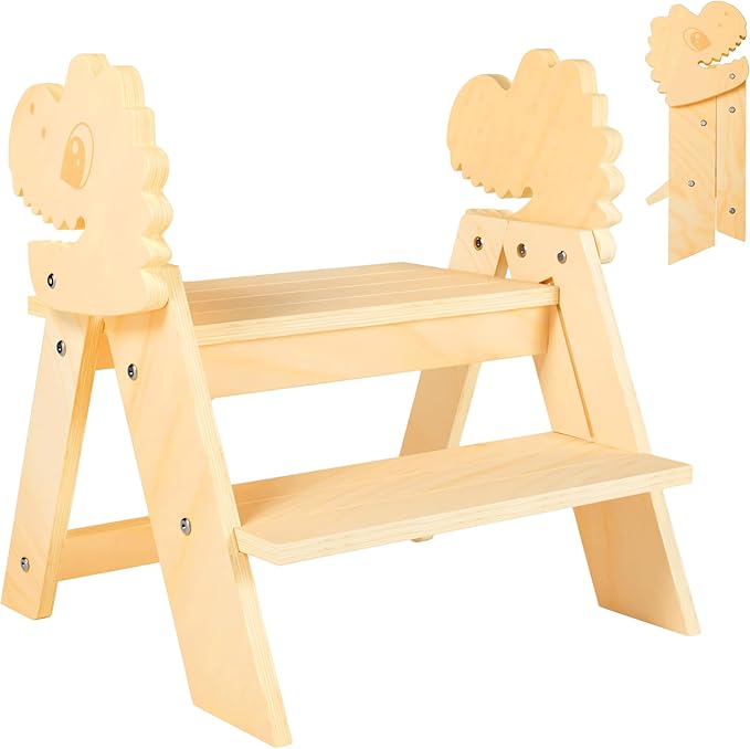 TinyHaven Wooden Toddler Step Stool, 2-Step Foldable Stool for Kids with Non-Slip Surface, Baby Bathroom Stool for Potty Training, Bathroom Sink, Kitchen Counter with Cute Dinosaur Design, Natural