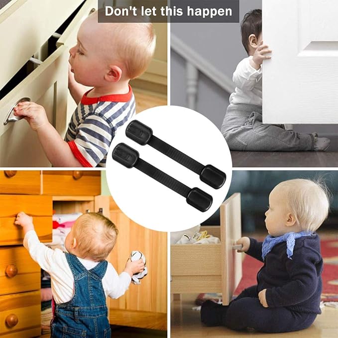 8 Pack Black Child Safety Cabinet Locks - Viaky Adjustable Straps Baby Proof Latches for Drawers, Oven, Refrigerator, Toilet Seat, Closet and Cupboard, Come with 9 Extra Strong Adhesive Pads