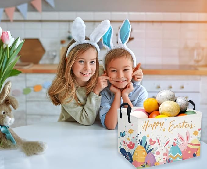 Sanjiaofen Rectangular Easter Baskets, Kids Easter Storage Bins Organizer.Cute Storage Basket with Handles.Boys and Girls,Easter Bunny Eggs Decor,Toys,Books,Easter Gifts (Easter Eggs)