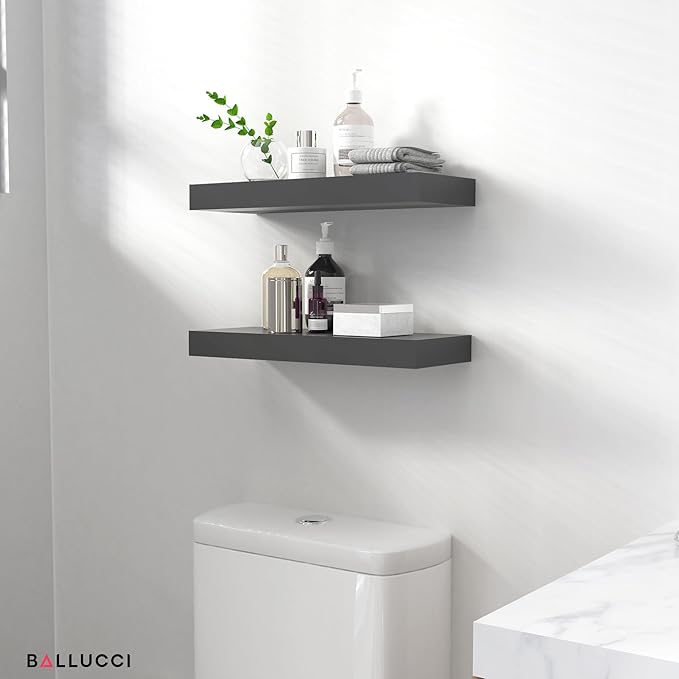 Ballucci Floating Shelves, 2-Pack 16" Wood Wall Shelf Set with Invisible Brackets for Bathroom, Living Room, Bedroom, Kitchen, Nursery, 6" Deep, Black