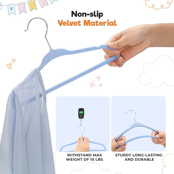 Velvet Baby Hangers with 10x Clips and 8X Dividers (30 Pack) | 11” Ultra-Slim Baby Clothes Hangers | Non-Slip Felt | Space-Saving Nursery & Infant Closet Organizer | Blue