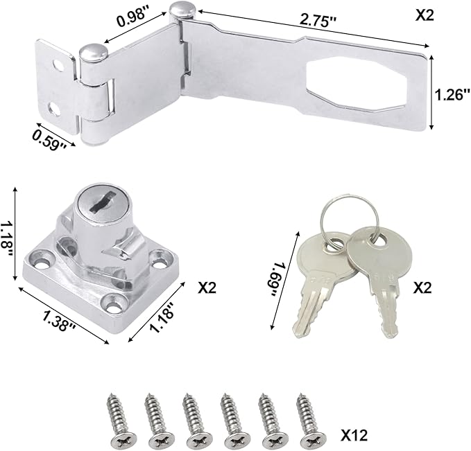 KIBBEH 2 Pack Door Lock Hasp Latchs, Collapsible Solid 304 Stainless Steel File Cabinet Lock Desk Drawer Lock, for 90 Degree and 180 Degree Drawers, Dabinets, Doors, Flip Barn Door (Universal Key)