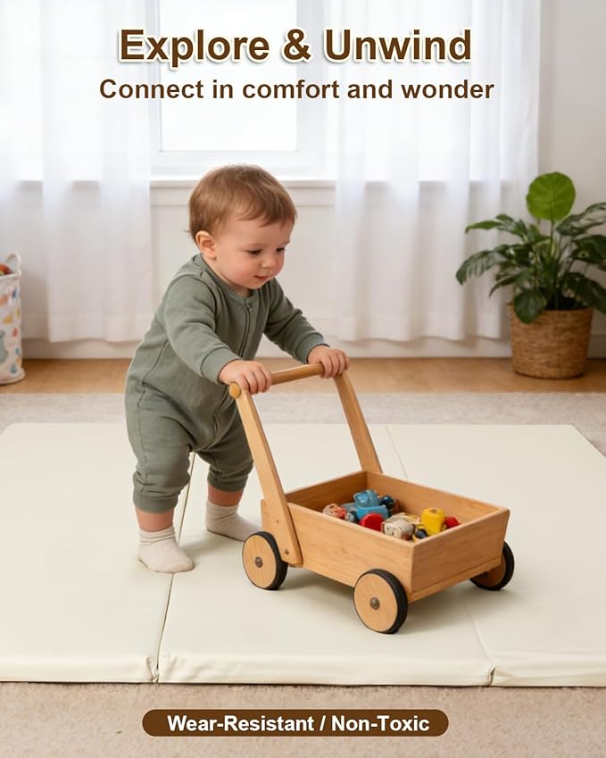 SEPARO Thick Trifold Baby Play Mat,Soft Vegan Leather 47x47 Play Mat for Playpen,Foldable Tummy Time Foam Floor Mats,Waterproof & Wipe-Clean for Toddler,Kids & Infants Playroom,Beige